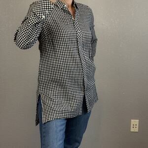J Jill Black White Gingham Tunic Button Up Top Shirt Size S Cotton Long Sleeve
